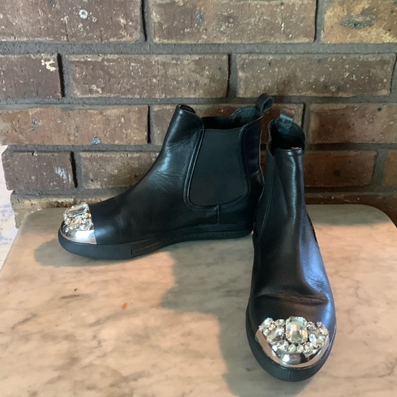 Miu Miu Black Leather with Rhinestone Toes Ankle Boots Size
